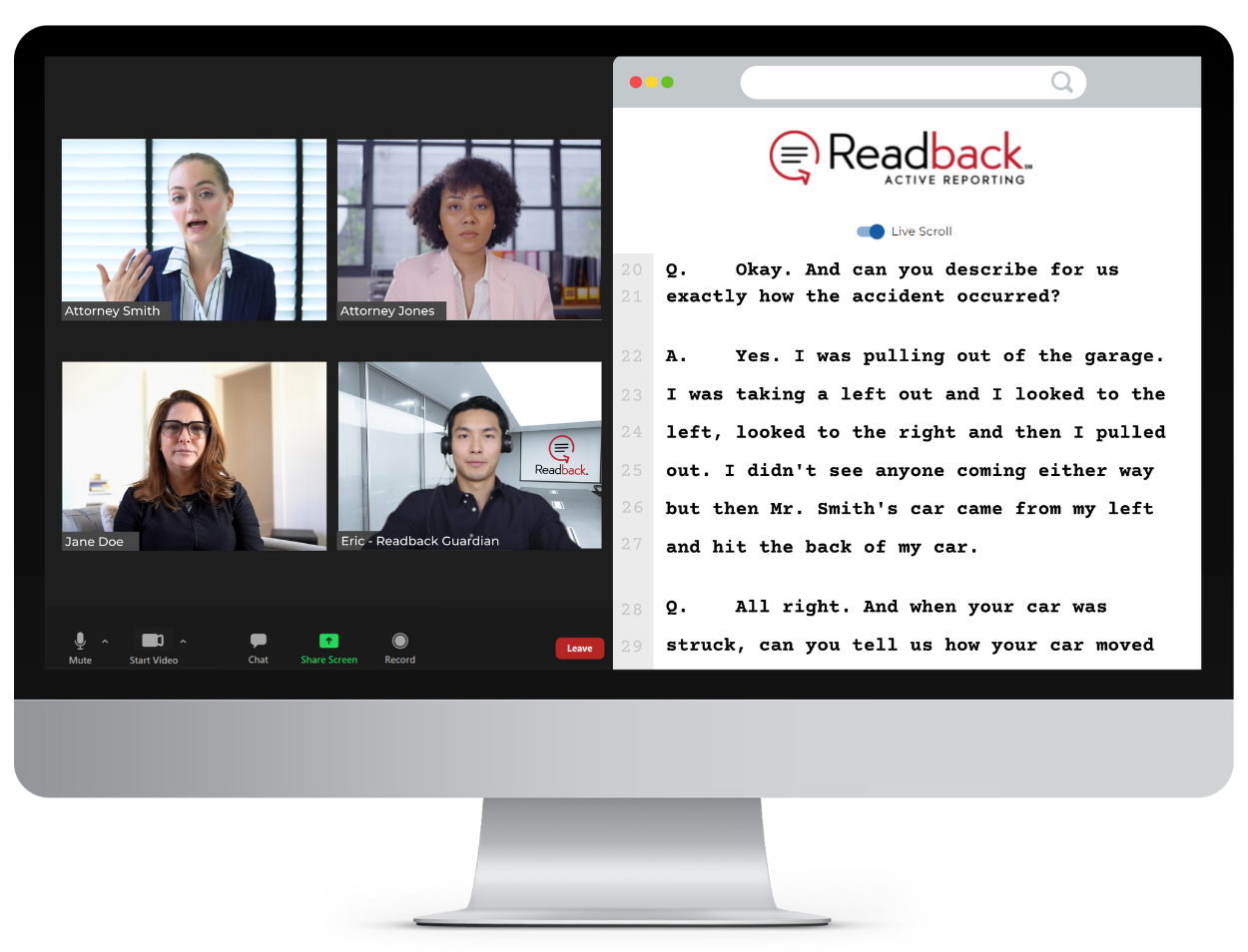 The Readback viewer is shown on one half of a screen with the deposition and a zoom meeting is shown on the other half of the screen.