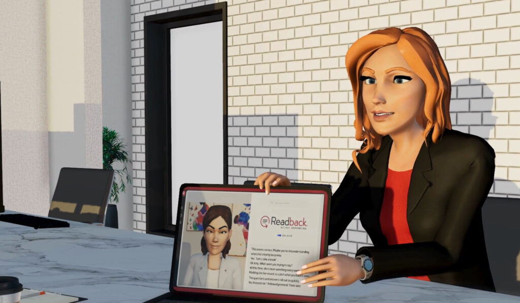 An animated woman with shoulder-length reddish-blonde hair and a black blazer sits at a marble-topped table, gesturing toward a tablet screen. The tablet shows a video feed of another animated woman and a "Readback" interface with scrolling text. The setting is a modern office with a white brick wall and a dark-framed window.