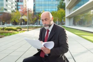 Lawyer on a bench reviewing documents